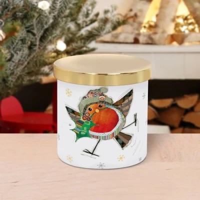Image of Lesser &amp; Pavey Christmas Jar Candle Cashmere Silk Fragrance Robin Holly Perfect For Xmas Bug Art