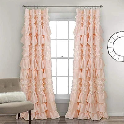 Image of Lush Decor Kemmy Curtain Ruffled, Textured Shabby Chic Style Window Panel for Living, Dining Room, Bedroom (Single), 84 x 52, Peachy Pink
