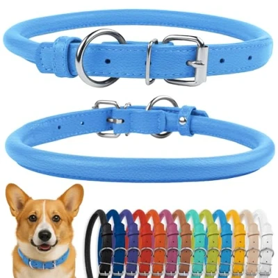 Image of CollarDirect Rolled Leather Dog Collar, Soft Padded Round Puppy Handmade Genuine Collar Small Large Cat Collars Black Pink Red Purple Blue (Fits 12&quot; 15&quot; Neck, Mint Green)
