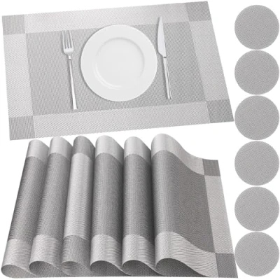 Image of HEYOMART Placemats and Coasters Sets of 6, PVC Vinyl Table Mats Non Slip Heat Resistant Washable Dinner Place for Kitchen Dining Home Restaurant, Grey