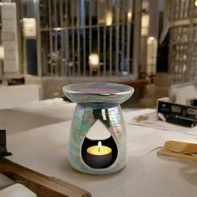 Image of FabFinds Wax Melt Essential Ceramic Oil Burner Diffuser Home Décor Gift (14cm, Iridescent Grey, 3)