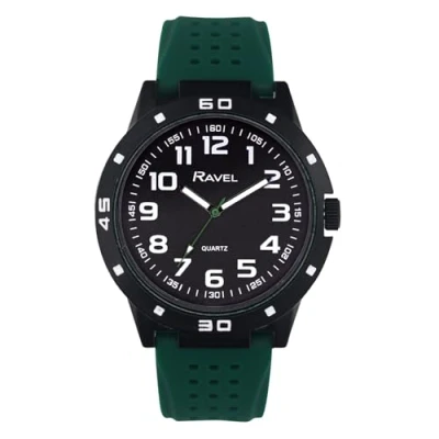 Image of Ravel Men&#039;s Black Cased Sports Watch with Colour Co ordinated Bezel on Silicon Strap Analogue Quartz RS004.11 Green