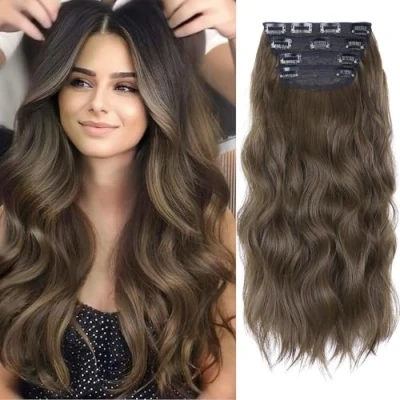 Image of 20 Inches Dark Brown Hair Extensions Clip in, 4Pcs Synthetic in Extension, Curly Natural Thick Wavy Pieces for Women (Dark Brown, 4Pcs)