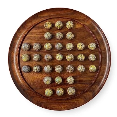 Image of 30cm Diameter wooden solitaire board game with SPECKLED GOLDEN SPINOSAURUS GLASS MARBLES classic strategy