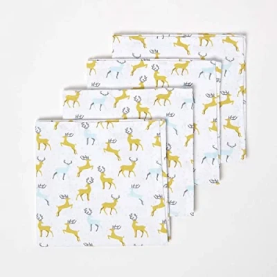 Image of HOMESCAPES Set of 4 Grey &amp; Yellow Napkins Stag Pattern 45 x cm 100% Cotton Christmas “Majestic Xmas Napkin