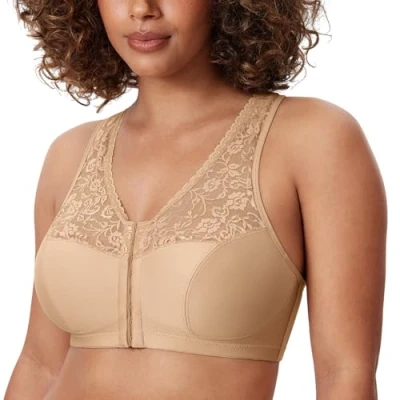 Image of Delimira Women&#039;s Front Fastening Bras Lace Wireless Plus Size Full Coverage Racerback Support Bra Warm Beige 34D