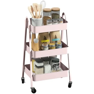 Image of HOMCOM 3 Tier Storage Trolley on Wheels, Rolling Utility Cart with Handles, Mobile Kitchen for Living Room, Dining Bedroom, Bathroom, Pink