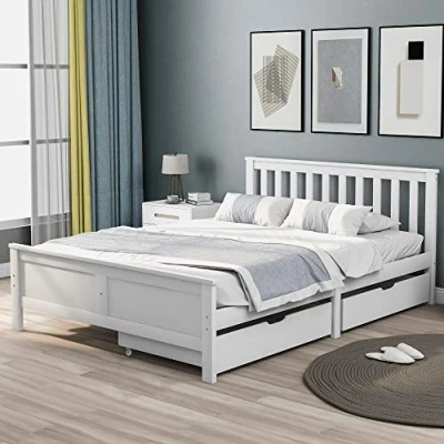 Image of Merax Solid Wooden Double Bed Storage Frame With Drawers Furniture For Adults Kids Teenagers 135x190cm White