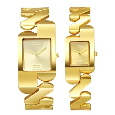 Image of JewelryWe Couple Square Watch Set: Her and His Gold Silver Luxury Quartz Analog Geometric Strap Sunray Dial Casual Wrist