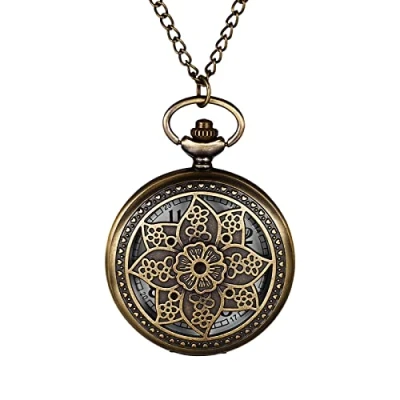 Image of JewelryWe Vintage Pocket Watch Retro Bronze Flower Pendant Analog Quartz Necklace with Chain, for Mother’s Day