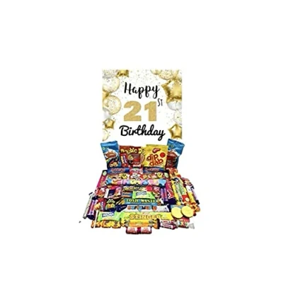 Image of Happy 21st Birthday sweets pick n mix The ultimate retro sweet selection 70s 80s Box Hamper Present gift for Adult Children&#039;s curly wurly freddo swizzles lollipops rainbow drops