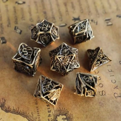 Image of Elifel Metal DND Dice Set 7 Leaf Hollow Polyhedral Bronze D20 D12 D10 D% D8 D6 D4 for Dungeons &amp; Dragons RPG Board Table Games MTG