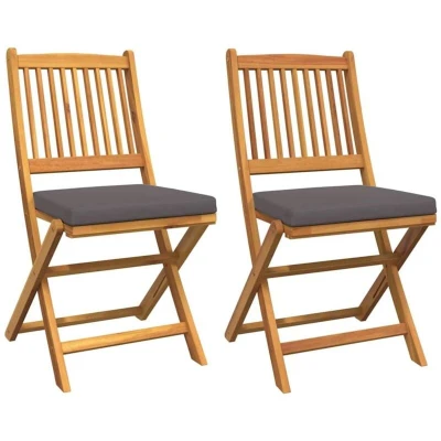 Image of vidaXL Folding Garden Chairs with Grey Cushion 2pcs Solid Acacia Wood