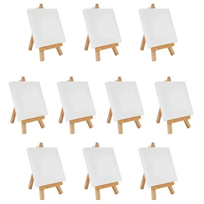 Image of Belle Vous Mini Easel with Art Canvas (10 Pack) L10 x W10cm (3.93 3.93 inches) Pre Stretched and Primed Blank Table Top Wooden for Oil Acrylic Painting &amp; Drawing Kids