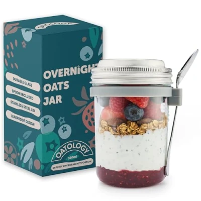 Image of Overnight Oats Jar Container with Lid Glass Breakfast Mason Jars Containers Spoon Set Chia Pudding Granola Yoghurt Cereal Fruit Porridge Pots Lids Meal Prep Work 350ml 1pk