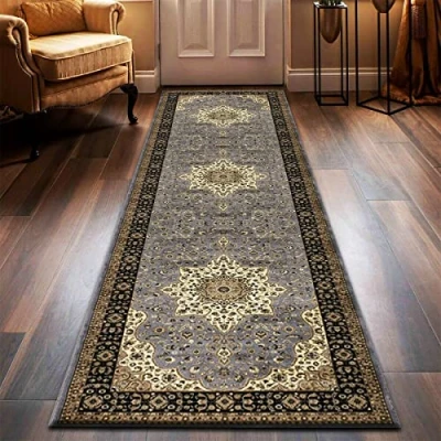 Image of householdfurnishing Vintage Traditional Non Slip Rug Bedroom Living Room Carpet Mat Runners Floral Pattern Wide Area Persian Style Rugs (60 x 220 cm Long Runner, Grey)