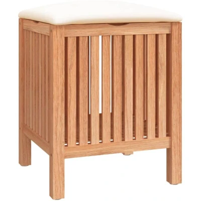 Image of vidaXL Solid Wood Walnut Bathroom Stool 40.5x40x52cm with Storage/Laundry Bin, Oil Finish, Comfort Cushion Top, Slatted Design, Brown