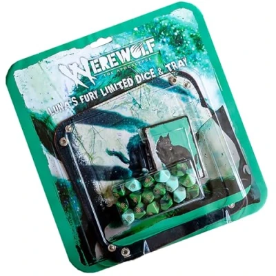 Image of Werewolf: The Apocalypse 5th Edition Roleplaying Game Luna’s Fury Limited Dice &amp; Tray Accessory Pack 17 Green RPG Set, 5 Cards Folding
