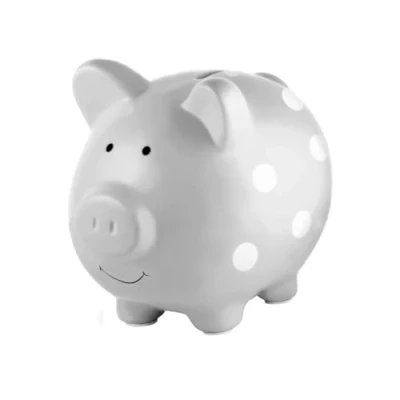 Image of Pearhead Large Piggy Bank, Ceramic Money Bank For Kids, Baby Keepsake Gift, Gender Neutral Nursery Décor, Grey Polka Dot