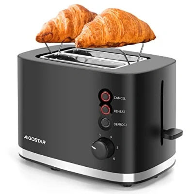 Image of Aigostar Toaster 2 Slice 1.5&quot; Wide Slot, 800W Black with Warming Rack, Small Low Wattage Electric for Home Travel Camping, Energy 30B3L