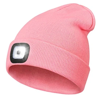 Image of Rechargeable LED Lighted Beanie, Perfect Dad Gifts in Christmas, Stocking Fillers Cap with Light Hands Free Head Torch Unisex Winter Warm Knit Beanie Pink