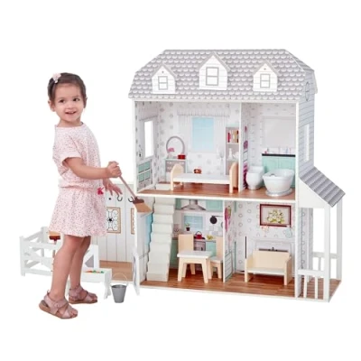 Image of Teamson Kids Olivia&#039;s Little World Dreamland Farmhouse Wooden Doll House with Horse Stable, Porch, and 14 pc. Accessory Set for 12&quot; Dolls, White/Grey