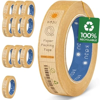 Image of Koju Kraft Paper Packing Tape 24mm x 50m 1/3/6 packs Eco Friendly &amp; Recyclable Brown for Packaging Parcels Strong, Heavy Duty Parcel (1)
