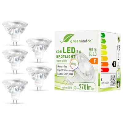 Image of greenandco® CRI 90+ MR16 GU5.3 LED Spot 3W Replaces 30W 270lm 2700K (Warm White) 38 Beam Angle 12V AC/DC Glass Body with Protective Glass, 5 Pack