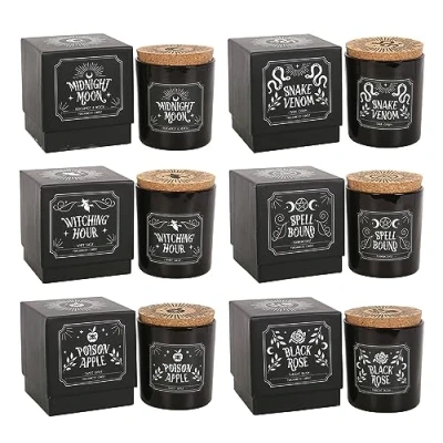 Image of Enchanting Set of 6 Midnight Ritual Candles Mystical Cork Lid Bewitching Fragrance Full Size Poison Apple, Spell Bound Frankincense, Black Rose Long Burn Time (21H)
