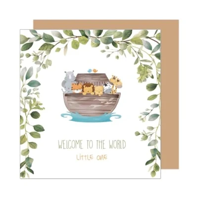Image of Edition Seidel Premium Square Birth Greeting Card with Envelope Baby Billet Hello Boy Girl Ark Animals Little One (EQ114 SW024)