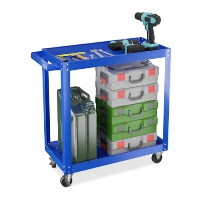 Image of Relaxdays Tool Trolley, 2 Tiers, Workshop Cart, up to 100 kg, 76 x 78 35 cm, DIY Equipment, Garage &amp; Mechanic, Blue, Steel, Rubber, Iron
