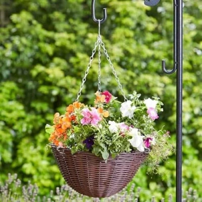 Image of Garden Mile 14in Rattan Hanging Basket Outdoor Durable Pre Lined Flower For Decorations, Balcony, Patio Planters Weatherproof Planter