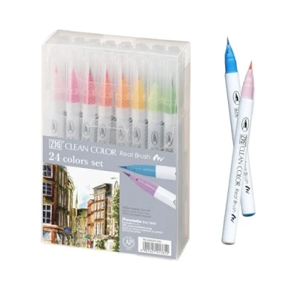Image of Kuretake Clean Color Real Brush Watercolour Pens (Set Of 24 Colours)