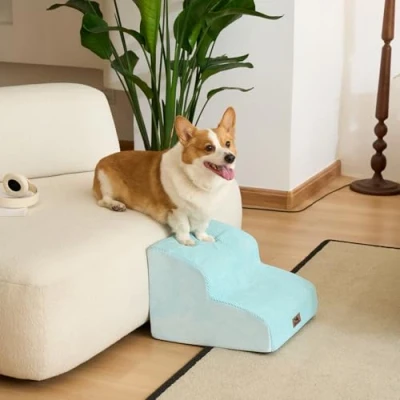 Image of Dripex Curved Dog Stairs for Beds Couches, 2 Step Steps with Durable Non Slip Fabric Cover, Slope Small Dogs, Cats or Pets Friendly, Blue