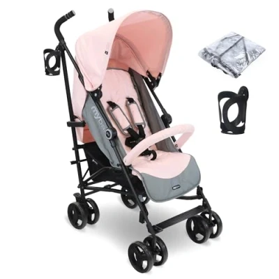Image of My Babiie MB02 Stroller from Birth to 4 Years (22kg), Lightweight &amp; Compact Umbrella Fold, Travel Buggy for Toddlers Pink Grey
