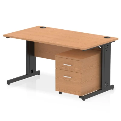 Image of Impulse 1400x800 Desk Oak/Black Cable Managed Leg 2 Drawer Mobile Ped