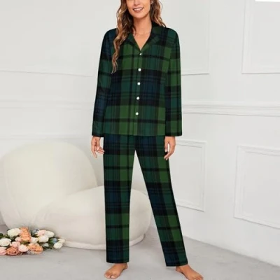 Image of Scottish Tartan Plaid Womens Pyjamas Set Long Sleeve Pjs Sets Pajama Sleepwear Loungewear M