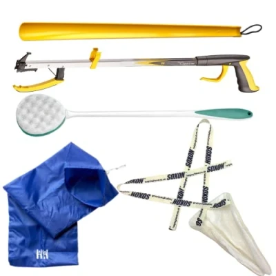 Image of Helping Hand Company 5 Piece Deluxe Hip Kit Post Surgery Kit, Knee and Replacement Recovery Kit. Classic Pro Reacher Grabber 32&quot;/82cm, Soxon Sock Aid, Long Handled Shoe Horn, Exfoliator Sponge