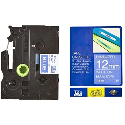 Image of Brother TZe 535 Labelling Tape Cassette, 12 mm (W) x 8 m (L), Laminated, Genuine Supplies White on Blue