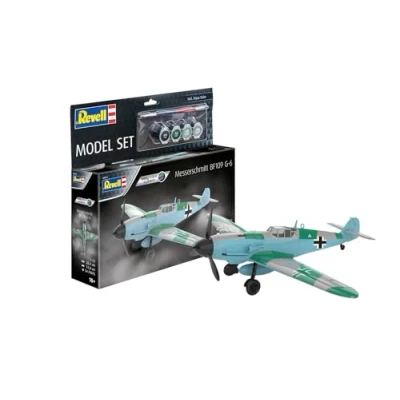 Image of Revell Easy Click Model Set 63653 Messerschmitt Bf109G 6 1:32 Scale Unbuilt/Unpainted/Click Together (Non Glue) Plastic Kit with Paintbrush &amp; Selected Aqua Color Paints