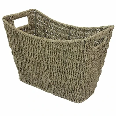 Image of Sarrah Little Store Seagrass Newspaper Magazine Baskets with Handles Stylish Curved Design Multipurpose Organiser Storage Holder Box Rack Wicker Brown