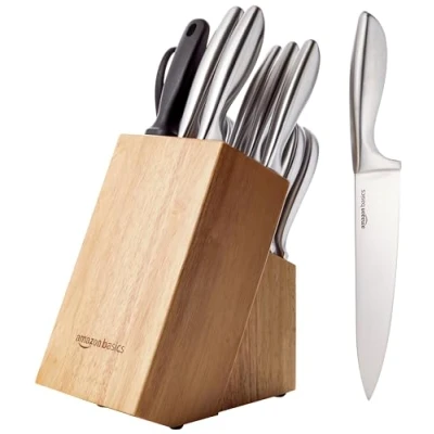 Image of Amazon Basics Stainless Steel Comfort Grip Knife Set with Block, 18 Count (Pack of 1), Black