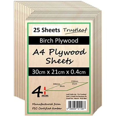 Image of 4mm Birch Plywood A4 300x210x (Pack of 25) Laserable Low Fume E1 Glue Ply...