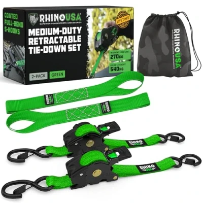 Image of Rhino USA Retractable Ratchet Tie Down Straps (2PK) 540kg Guaranteed Max Break Strength, Includes (2) Ultimate 2.5 cm x 3 m Autoretract Downs with Padded Handles. Use for Boat or Cargo Green