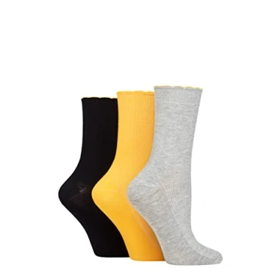 Image of Elle Ladies Ribbed Bamboo Socks with Scallop Top Pack of 3 Silver/Navy/Mustard 4 8