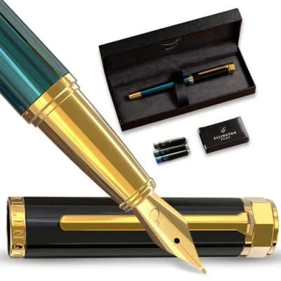 Image of Ellington Pens Luxury Fountain Pen Set for Writing Smooth Extra Fine Nib Includes Refillable Ink Converter, 3 Cartridges [Black &amp; Blue], Gift Box Elegant Calligraphy