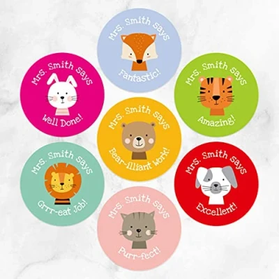 Image of Dotty about Paper Personalised Teacher Stickers Cute Animals Pack of 70