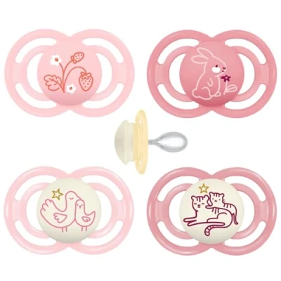 Image of MAM Perfect Day &amp; Night Dummy 16+ M (Pack of 4), Includes Transport and Sterilisation Box, Baby from 16 Months, SkinSoft Silicone Teat, Pack 4, Pink