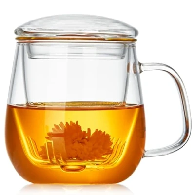Image of Glass Tea Cup with Infuser and Lid 17.6oz/520ml Borosilicate Mug for Loose Leaf, Blooming &amp; Bags Perfect Christmas or Birthday Gift Women