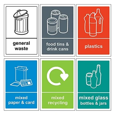 Image of 6 Self Adhesive Multi Recycling Bin Stickers, Waterproof Labels for Waste Bins, Food, Plastics, Mixed Paper and Card, Glass General Decals, 150 x 100mm